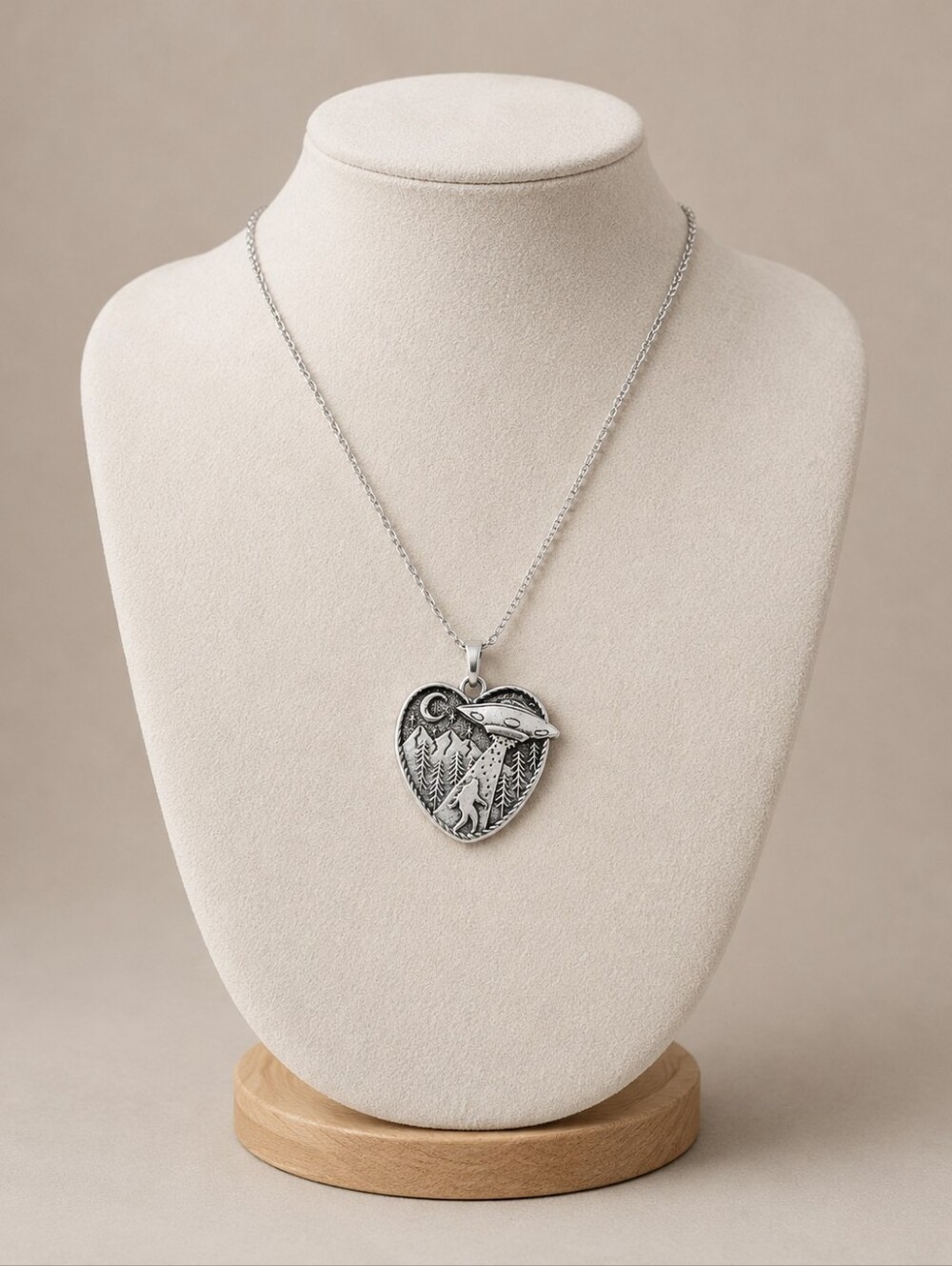 UFO Bigfoot Heart Pendant Necklace Silver Tone Sci-Fi Mystery Jewelry Sasquatch
